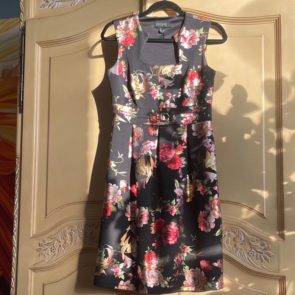 Enfocus Studio Black and Pink Floral Midi Dress